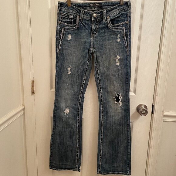 Silver Jeans Aiko Bootcut Distressed Denim Embellished Jeans size 29 x 33 - Picture 1 of 8